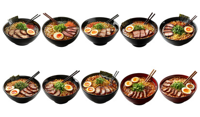 Delicious Variety of Ramen Bowls with Toppings and Fresh Ingredients
