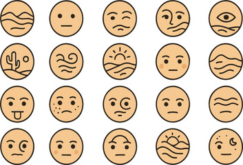 Naklejka premium Collection of diverse emoji faces displaying various emotions and weather symbols in circular frames for digital communication and design elements