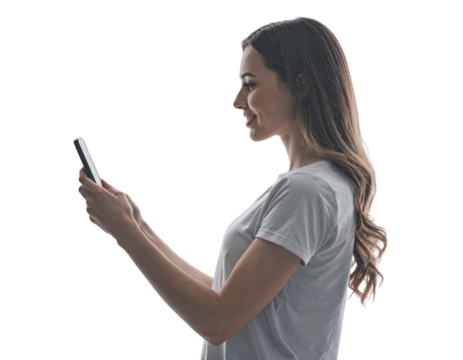 Confident Woman Using Mobile Phone for Texting, Side View PNG