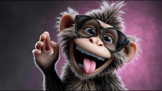 Cartoon monkey in close-up. She has a funny expression on her face, she smiles, showing her teeth, and sticks out her tongue.
