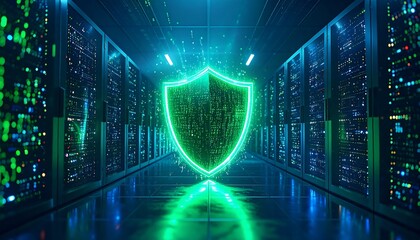 Futuristic server room with glowing green shield