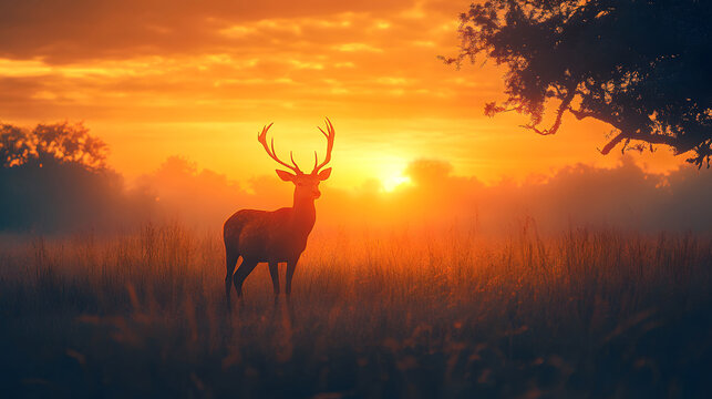 Deer silhouette in a field at sunset. Majestic animal in nature with orange sky background.