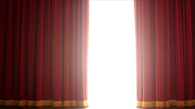 Red theater curtains slightly open revealing bright light  