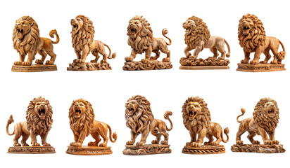 Detailed Set of Five Wooden Lion Statues in Various Poses and Styles