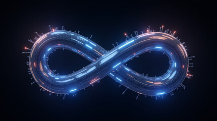 Abstract infinity symbol with a futuristic design on a dark background, representing the endless possibilities and potential of technology and innovation in shaping the future