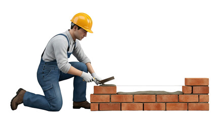 skilled craftsman building brick wall precision masonry at work, isolated on transparent background