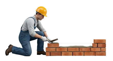skilled craftsman building brick wall precision masonry at work, isolated on transparent background