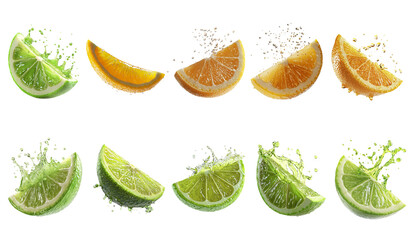 Fresh Citrus Fruits with Splashes of Water on White Background
