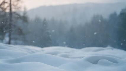 Snow-covered forest and distant hills under falling snowflakes with misty atmosphere and soft light in a peaceful winter landscape