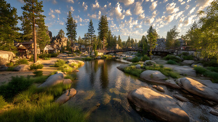 Quiet river flows under a wooden bridge surrounded by trees and rocks in a residential area at sunset.