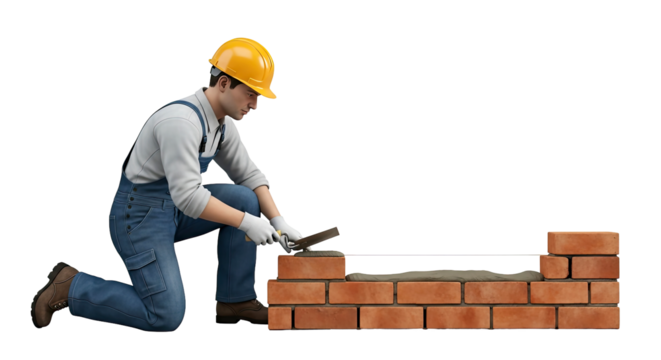 skilled craftsman building brick wall precision masonry at work, isolated on transparent background
