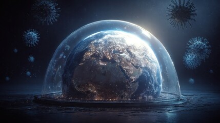 Fototapeta premium Planet Earth under quarantine dome, virus outside, 3D illustration.