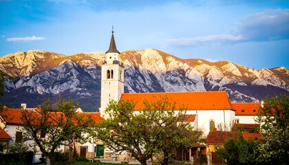 Rural church with mountains