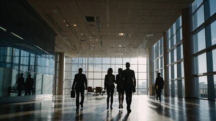 Silhouette of Business People Walking in Office Hallway