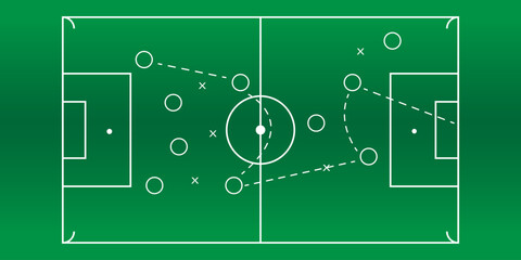 Soccer field with tactical scheme showing players and strategy lines. Minimal vector illustration of football pitch with circles and crosses. Team strategy and game planning concept. Design for poster