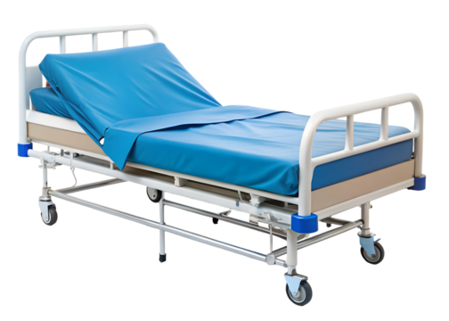 hospital bed with blue sheets png image on transparent background