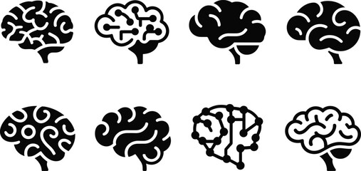 Set of brain icons, abstract designs, neural network, digital brain, AI concept, technology symbols, innovation, intelligence, neuroscience, mental health