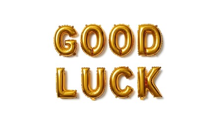 Good Luck Message with Gold Foil Balloons on White Background | Greeting Card, Celebration and Best Wishes Concept