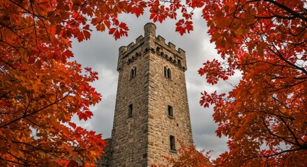 Old stone tower framed by autumn red leaves