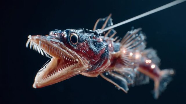 Saber-Toothed Fish: A striking close-up captures the bizarre beauty of a saber-toothed fish, revealing its razor-sharp teeth and ethereal, semi-transparent form against a deep ocean backdrop. 