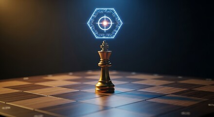 Strategic vision: Chess king with digital target, success concept