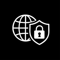Black Vector Illustration of Global Cyber Security with Lock and Shield for Internet Privacy.