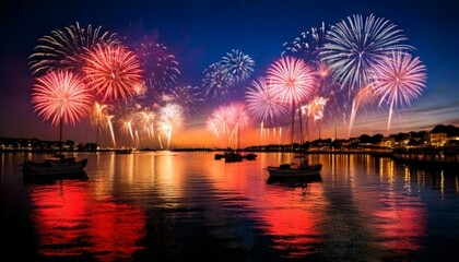 Majestic Fireworks Illuminating Night Sky Over Serene Waterfront with Boats and Colorful Reflections in Vibrant Festive Celebration.