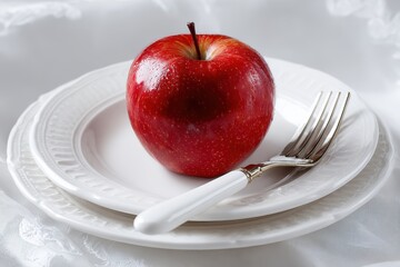Red apple on a white dish with a fork and knife against a light backdrop