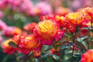 Fototapeta premium Red and yellow roses in bloom at Ashikaga Flower Park Tochigi Japan