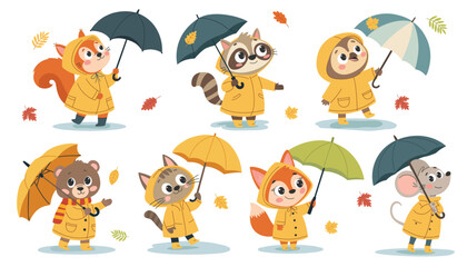 Cute forest animals wearing yellow raincoats, rubber boots, and carrying umbrellas. Autumn. Vector illustration for children.