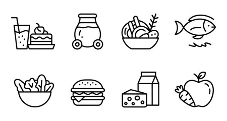 Food nutrition icon set. Thin line editable stroke icons for healthy eating, food categories, diet balance, ingredients, meals, fresh produce, and nutrition ...
