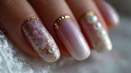 Elegant nail art design featuring floral patterns and pearls in natural light