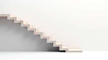 Wooden staircase against a white wall, isolated on white background, symbolizing progress, growth, and opportunity in a modern and minimalist architectural design