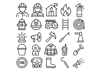 Firefighter & Emergency Response Icon Set, Fire Safety and Rescue Vector Collection, Firefighting Tools & Equipment Symbols