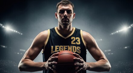 Athlete stands in center of basketball court with focused expression, holding ball close. Dramatic lighting and dark background create intense atmosphere during game preparation