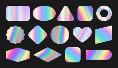 Set of realistic neon empty mockup, sticker, label, tag with holographic effect in y2k style. Isolated shiny rainbow emblem New, Best offer, deal, Sale, Discount Vector illustration EPS10