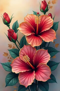 Elegant floral illustration of a bouquet of red hibiscus flowers with golden accents, green leaves, and detailed buds. Perfect for decorative design, patterns, and botanical artwork