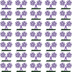 This vibrant seamless pattern features stylized tropical and botanical motifs. The abstract purple palm-like trees on a crisp white background are perfect for contemporary designs and home decor.