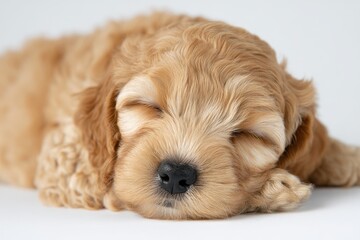 Golden Cockapoo pup resting alone on a white backdrop