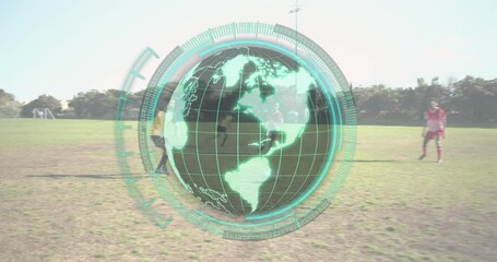 Sports tech holographic globe spinning over pitch revealing yellow player dribbling to goal scoring - Powered by Adobe