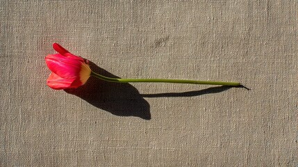 A single red tulip in full bloom rests on beige linen, surrounded by soft shadows and negative space.