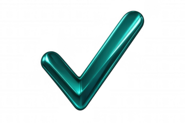 Glossy teal checkmark symbol rendered in 3d, floating against transparent backdrop, signaling successful verification or completed task