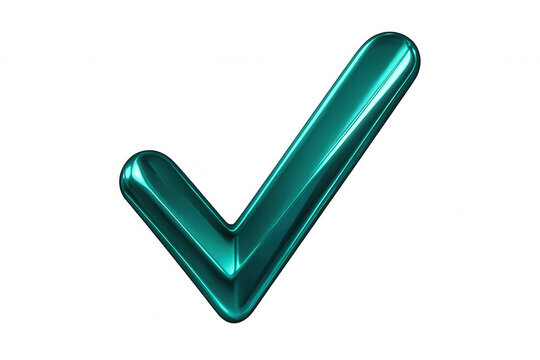 Glossy teal checkmark symbol rendered in 3d, floating against transparent backdrop, signaling successful verification or completed task