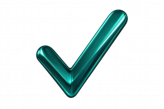 Glossy teal checkmark symbol rendered in 3d, floating against transparent backdrop, signaling successful verification or completed task