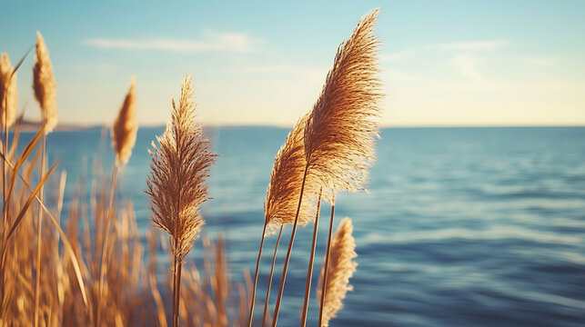 Golden pampas grass plumes against a calm blue sea and sky create a serene coastal landscape in soft afternoon light