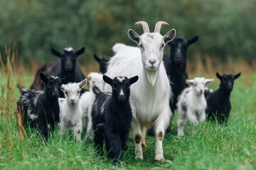 Goats and kids white and black in a pasture of lush green grass