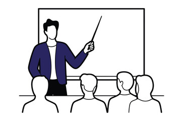 Illustration of a teacher presenting to students with a whiteboard and chalkboard in black and white outline