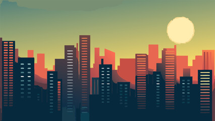city skyline at sunset with tall buildings and yellow moon