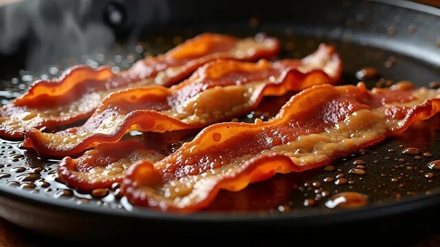 Sizzling bacon strips frying in a hot pan with rendered fat bubbling and steaming for breakfast