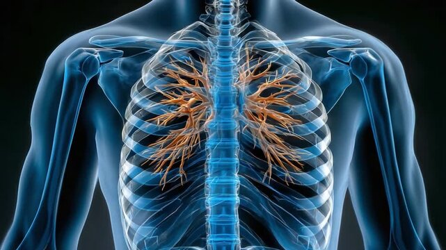 Human Respiratory System: A detailed, medically accurate depiction of the human respiratory system, highlighting the intricate network of the lungs within the rib cage, offering an anatomical insight.